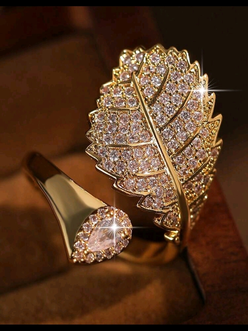 Gold Leaf Pavé Ring with Pink Stones - Unbranded